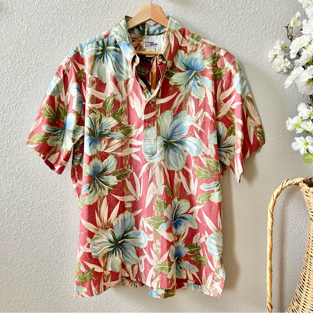 Reyn Spooner Red Blue Hawaiian Floral Shirt Size XL 100% Cotton Quarter Button